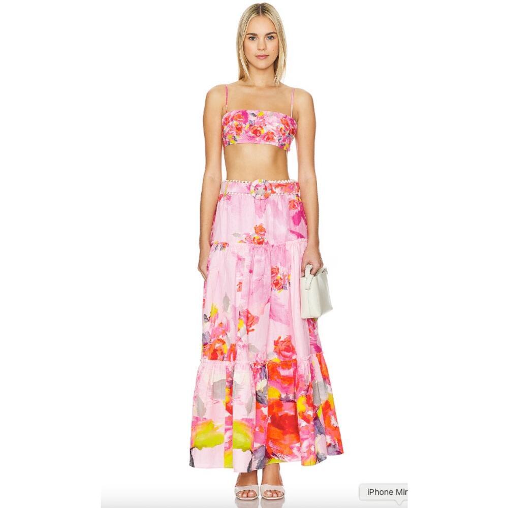Hemant & Nandita Belted Maxi Skirt Bandeau Top Pink Rosa Floral Small NEW NWT!